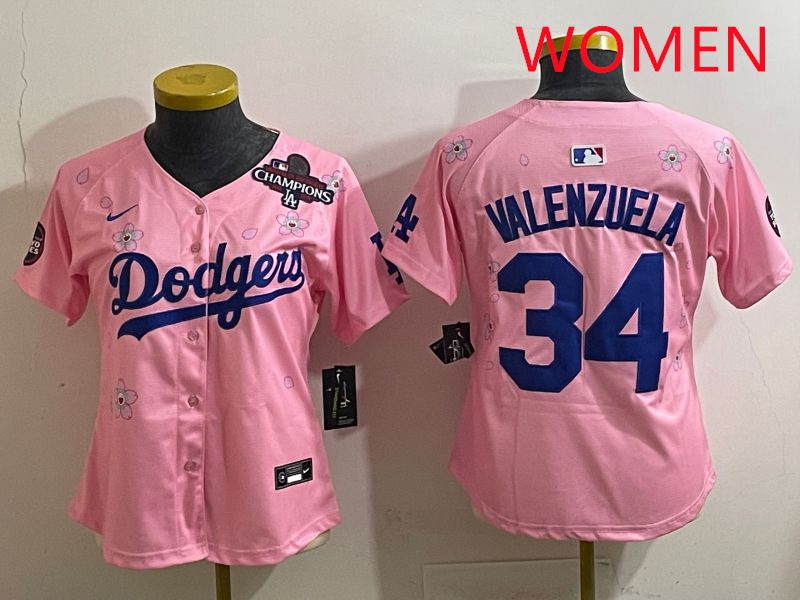 Women Los Angeles Dodgers #34 Valenzuela Pink Sakura Edition 2025 Nike MLB Jersey style 37->women mlb jersey->Women Jersey